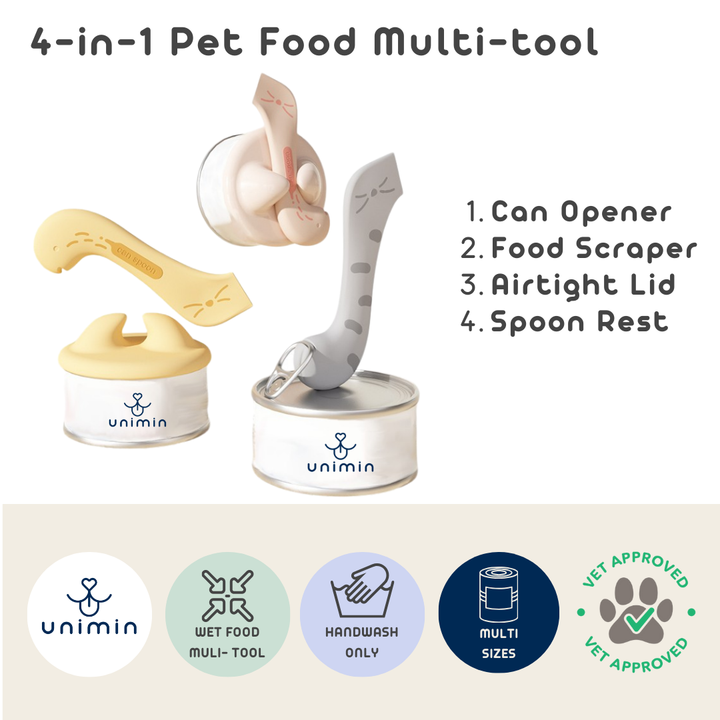 UNIMIN 4-in-1 Pet Food Multi-tool being used to open a can, demonstrating its practical application in pet feeding routines.