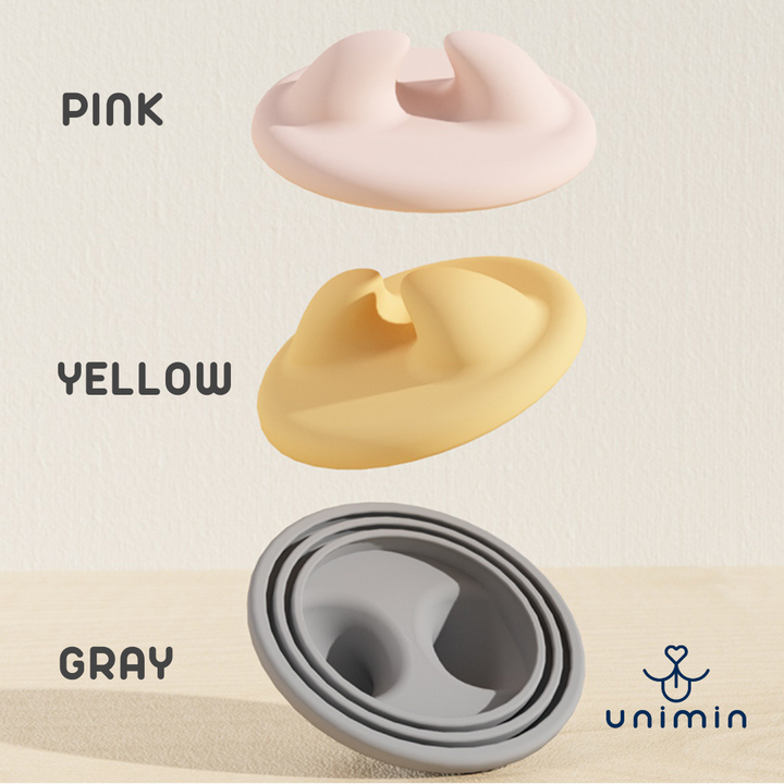 Set of UNIMIN 4-in-1 Pet Food Multi-tools in Yellow, Pink, and Gray, illustrating the multifunctional design for pet feeding convenience.