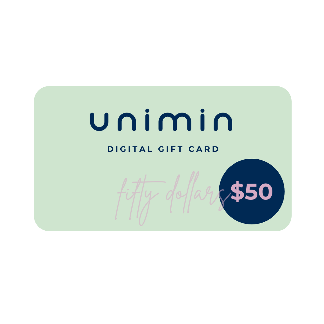 UNIMIN Digital Gift Card in a $50 denomination, ideal for purchasing eco-friendly and veterinarian-designed pet products.