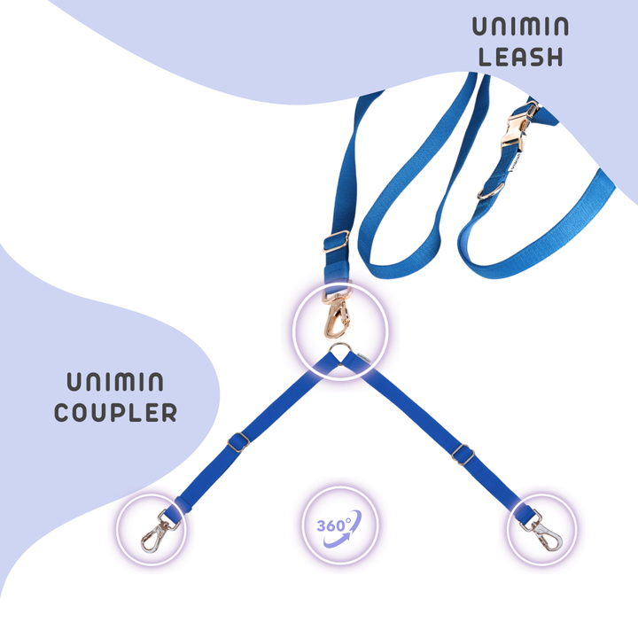 UNIMIN Leash Coupler attached to a leash, demonstrating its functionality for walking two dogs simultaneously.