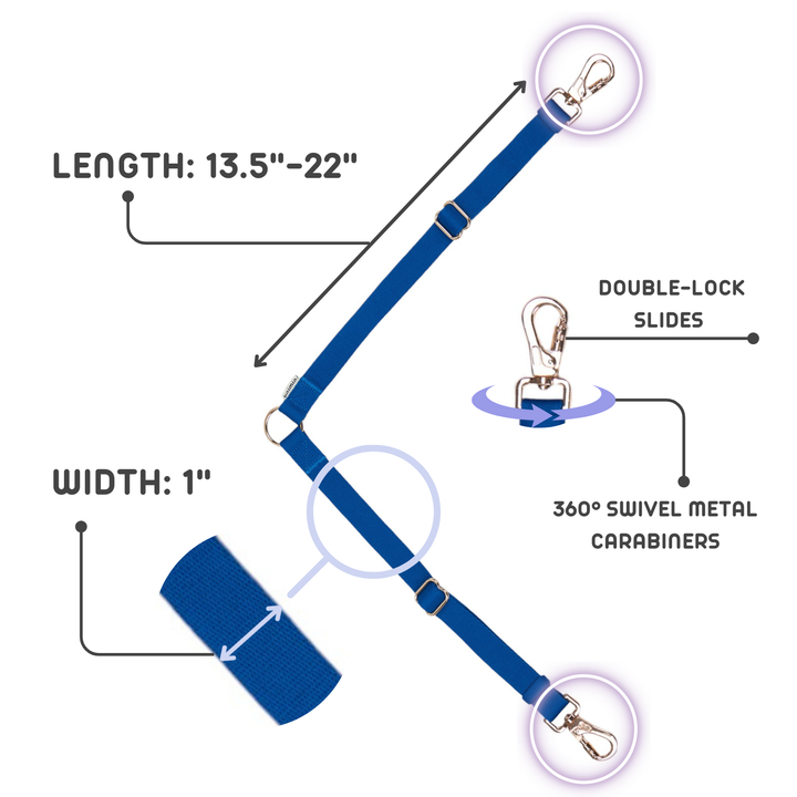 Close-up of the 360° swivel metal carabiners on the UNIMIN Leash Coupler, ensuring tangle-free walks.