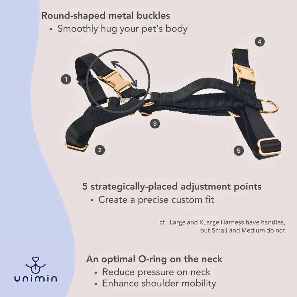 Close-up of the five adjustment points on the UNIMIN My-fit Adjustable Harness, ensuring a perfect fit for all breeds.