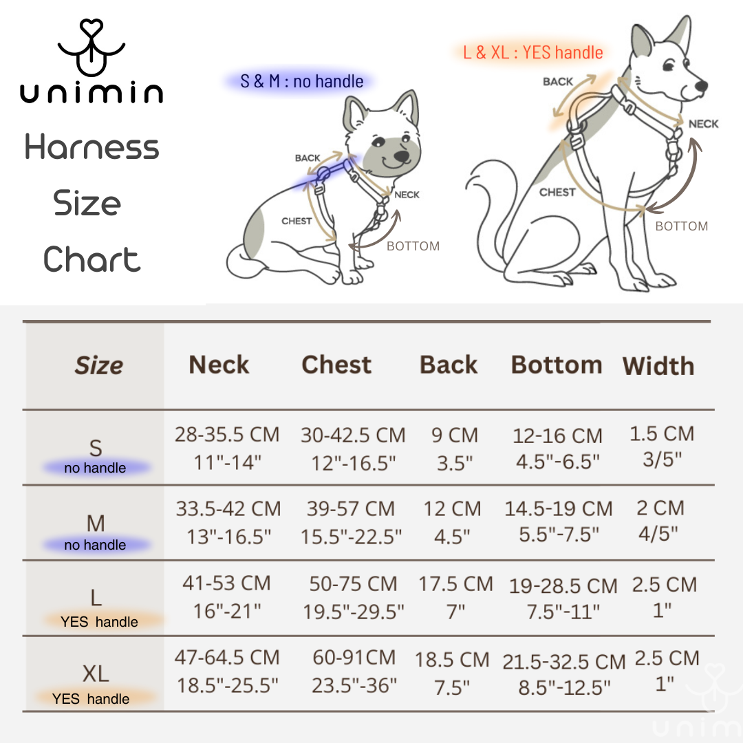 Size chart for the UNIMIN My-fit Adjustable Harness, detailing chest and neck measurements for sizes S, M, L, and XL.