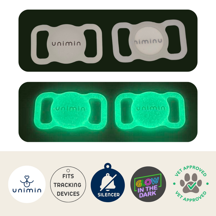 UNIMIN Silent Silicon Pet ID Tag Sleeve in Glow-in-the-Dark, designed to protect pet tags and eliminate noise during walks.